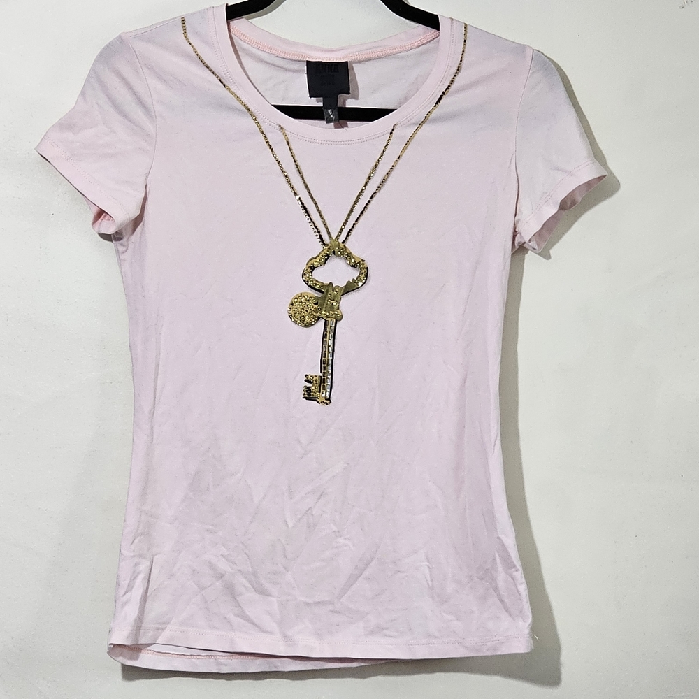 Vintage Anna Sui Y2K Pink Babydoll Tee Short Sleeve Crystals Necklace, sz M